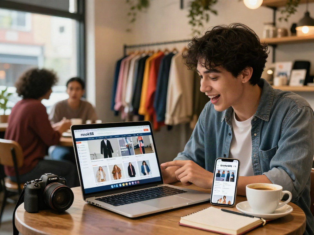 Shop online seamlessly with the rokok88 link displayed on a laptop while enjoying a cozy coffee shop atmosphere.