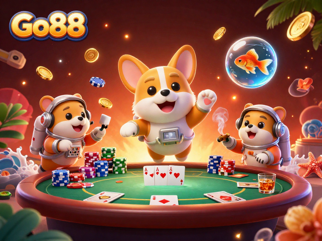 Go88 offers an exciting experience with a corgi astronaut in a vibrant casino scene.