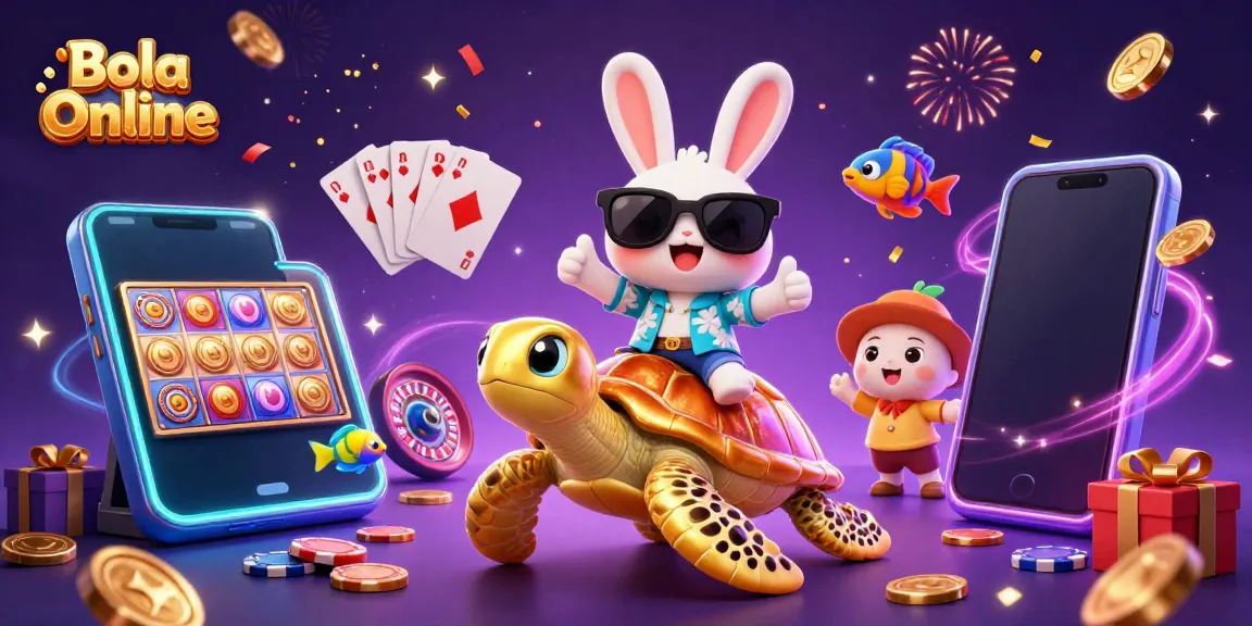 Experience thrilling entertainment at Bola Online with a 3D illustration of a lucky rabbit and sea turtle celebrating big wins.