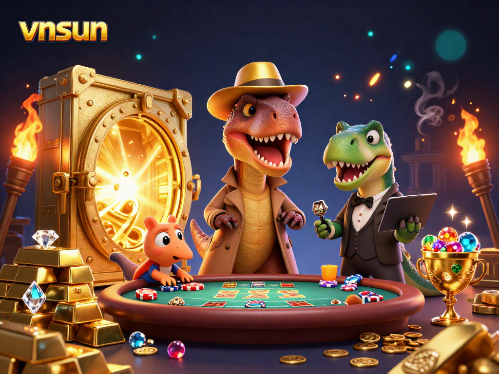 Experience exhilarating gaming at vnsun with a dapper velociraptor card counter and glimmering treasures.