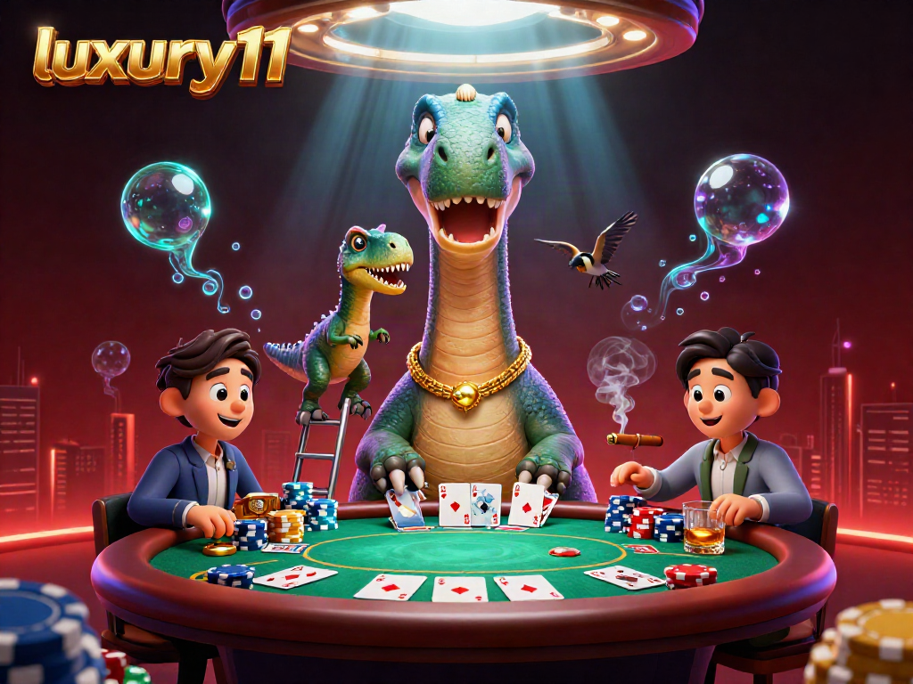 Experience thrilling card dealing action at luxury111 with a giant brontosaurus in a vibrant casino.