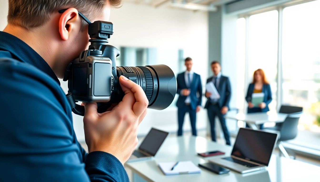 Professioneller Businessfotograf München bei der Arbeit mit einem Team in einem modernen Büro