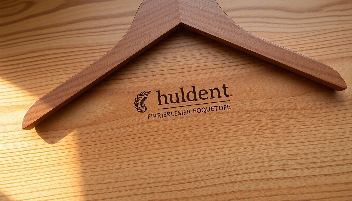 Kleiderbügel mit eigenem Logo, exquisit graviert auf Holz, ideal für Branding und Präsentation.