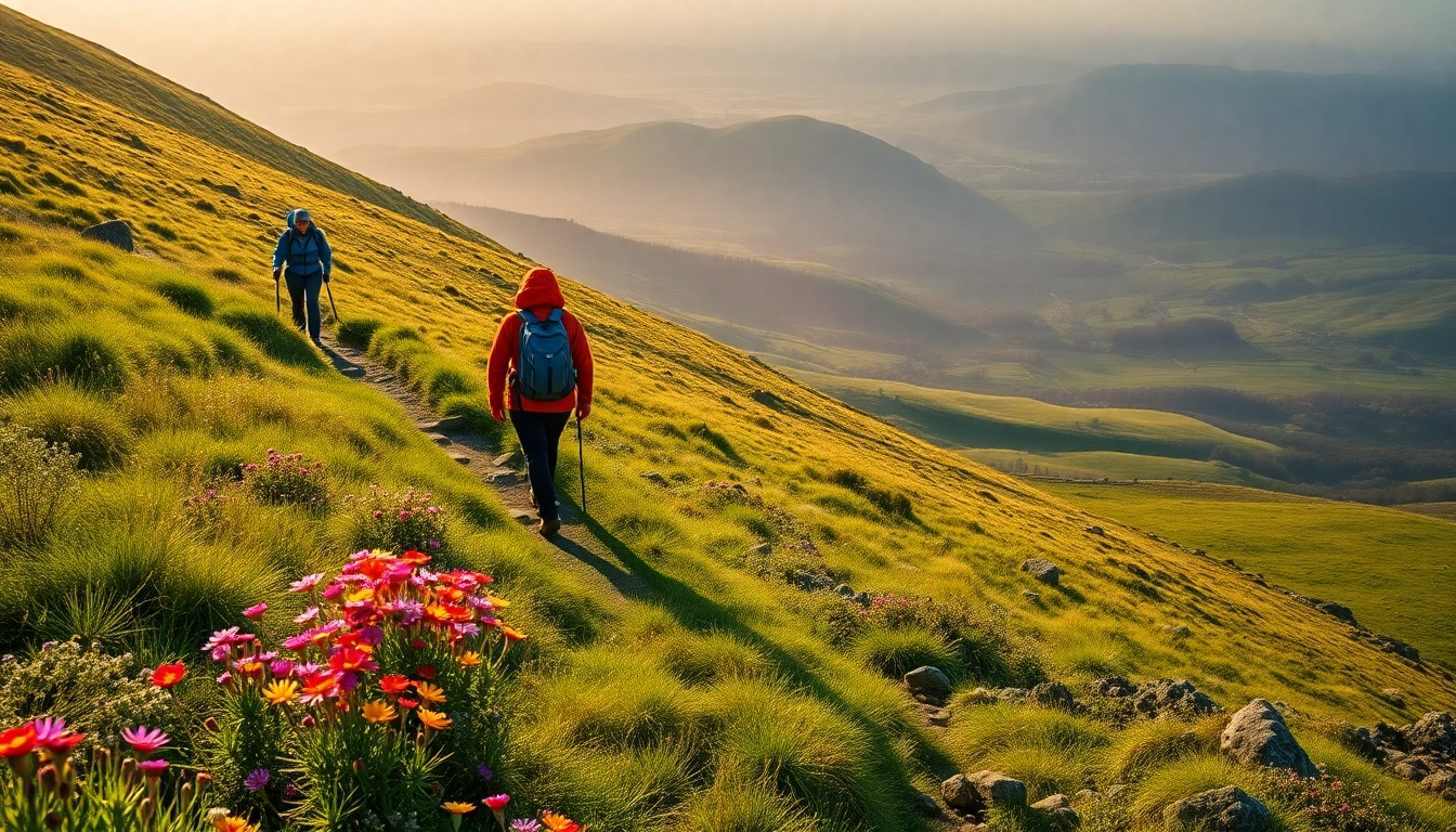 Wanderer auf einem Walking Holiday Ireland in der grünen irischen Landschaft.