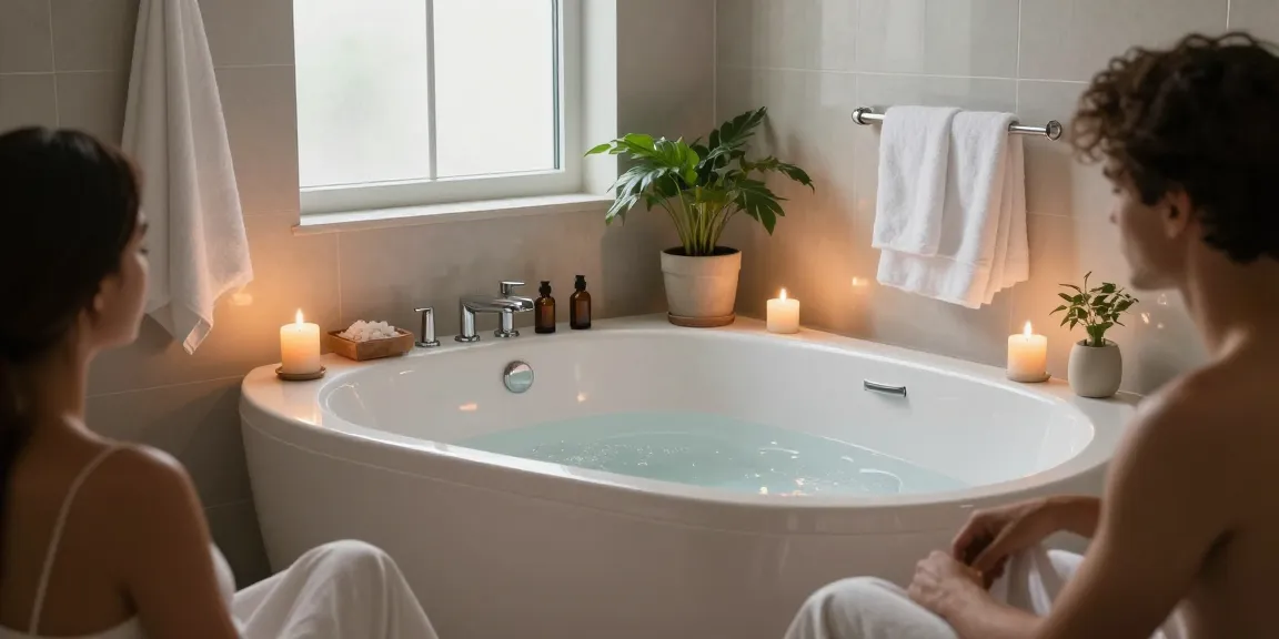 Luxueus hoekbad met kaarsen en een ontspannende sfeer in moderne badkamer