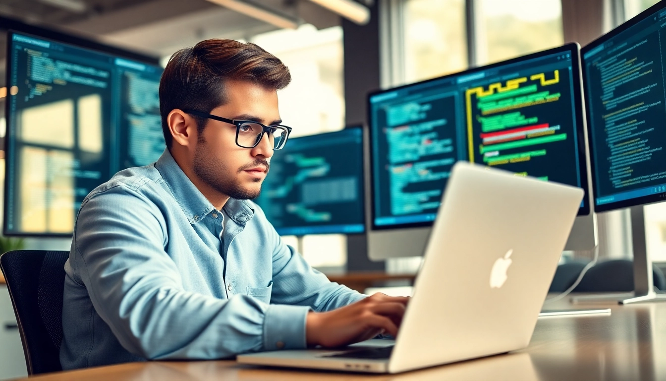 Shopware Entwickler arbeitet konzentriert an einem Laptop in einer modernen Büroumgebung.