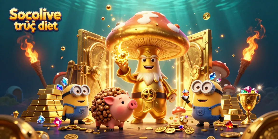 Experience Socolive trực tiếp with dynamic golden wizard and treasure in vibrant illustration.