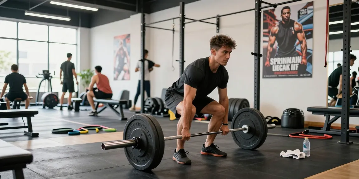 Engagierter Athlet hebt Gewichte im Anabolika Shop Deutschland in einem lebhaften Fitnessstudio.