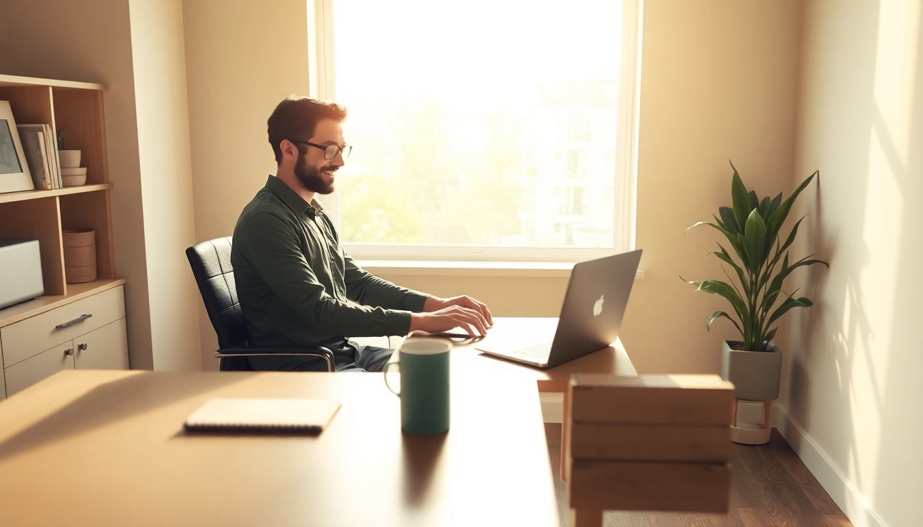 Unternehmer, der während der Job Transition an einem Laptop arbeitet und strategische Pläne erstellt.