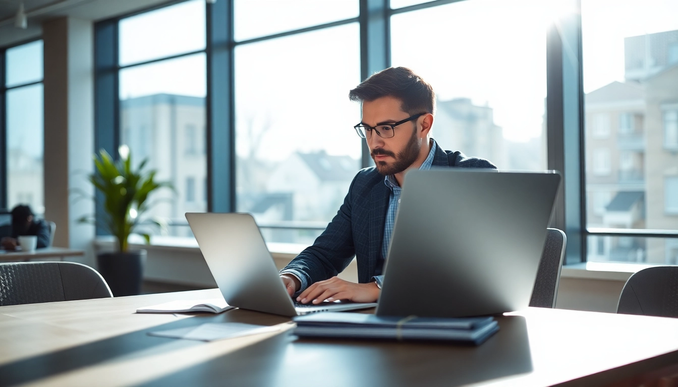 Unternehmensberatung: Unternehmensberater arbeitet konzentriert an einem Laptop in einem modernen Büro.
