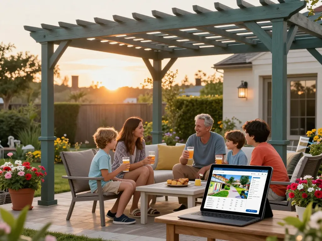 Familie, die eine benutzerdefinierte Pergola-Konfigurator-Erfahrung in ihrem Garten genießt.