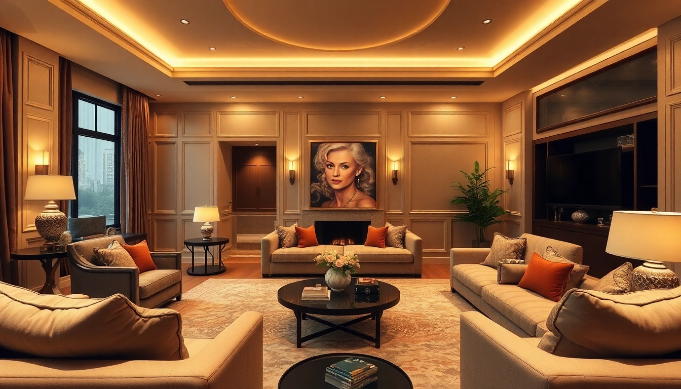 Luxury living space showcasing elegant furniture and warm ambient lighting.
