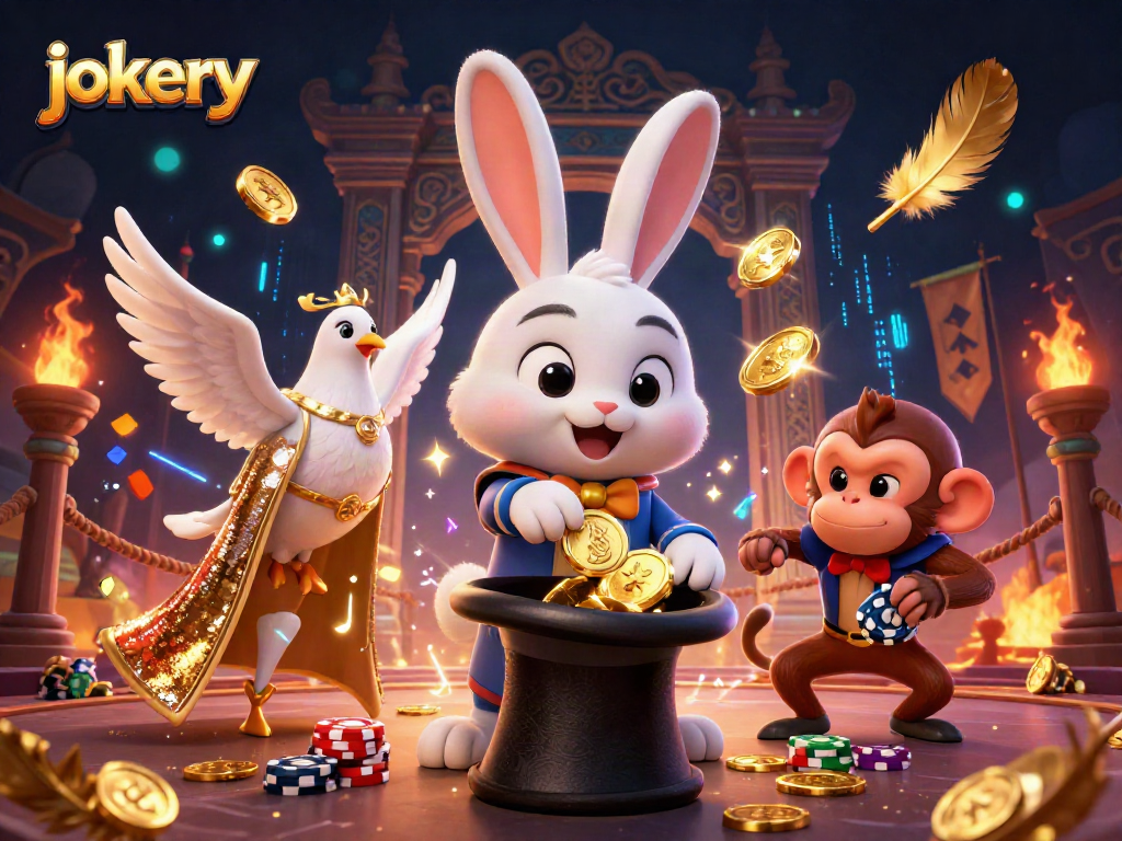 Experience jokery vibes with a magician rabbit and colorful casino elements in an exciting illustration.