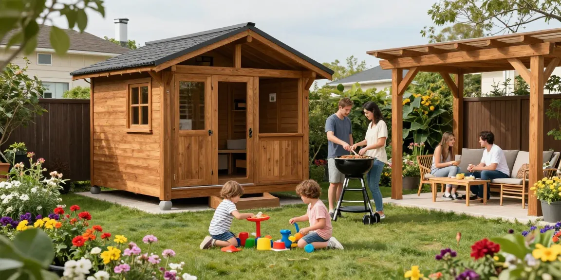 Familie genießt Zeit im Garten mit einem stabilen Gartenhaus aus Holz im Hintergrund.
