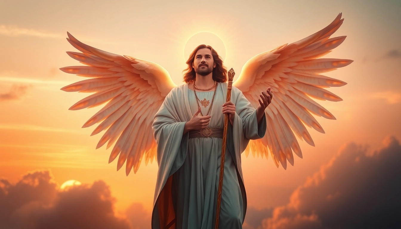 Erzengel Raphael steht majestätisch mit ausgebreiteten Flügeln, um Hoffnung zu symbolisieren.