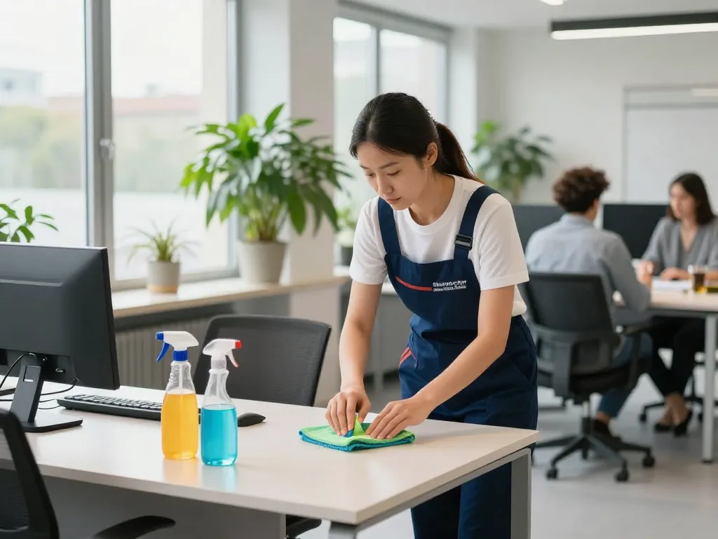 Experte für Gebäudereinigung aus Münster reinigt ein modernes Büro und zeigt Professionalität sowie Sauberkeit in einem hellen Arbeitsbereich.