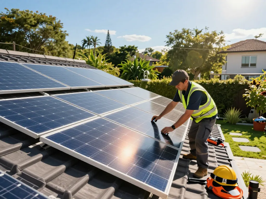 Professioneller Solartechniker installiert Photovoltaikmodule in sonniger Umgebung, Solar Wien
