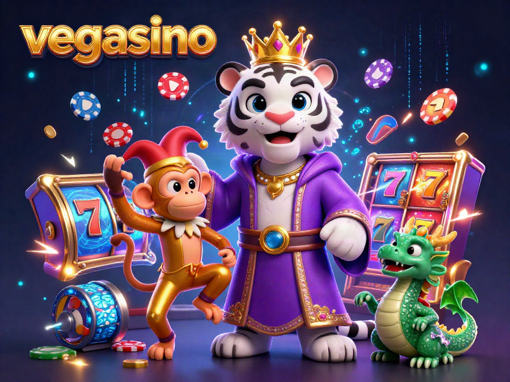 Play exciting casino games at vegasino with a majestic white tiger, playful monkey, and vibrant slot reels