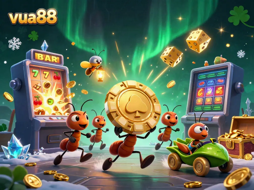 Experience exhilarating gameplay at vua88 with an energetic scene of cartoon ants stealing a massive poker chip amid a jackpot explosion.