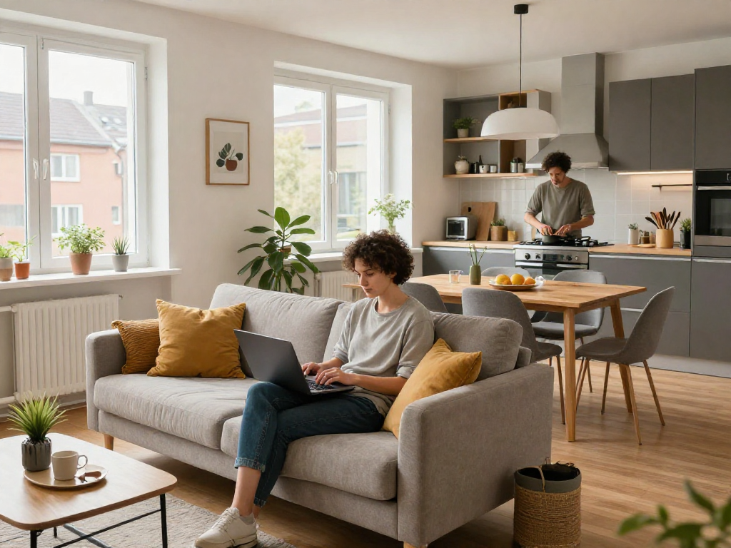 Moderne Monteurwohnung Hannover mit stilvollem Wohnbereich, komplett ausgestattet und einladend.