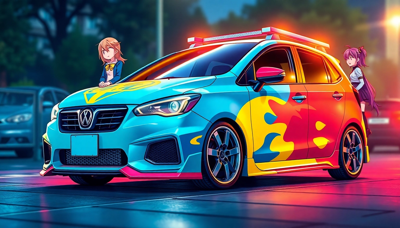 Gestalte ein itasha car, das lebendige Anime-Charaktere präsentiert und einnehmende Designmerkmale aufweist.