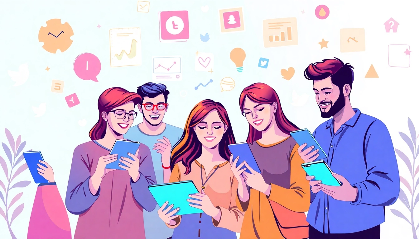 Enhance your social-media-marketingstrategie through engaging visuals of diverse individuals collaborating on digital platforms.