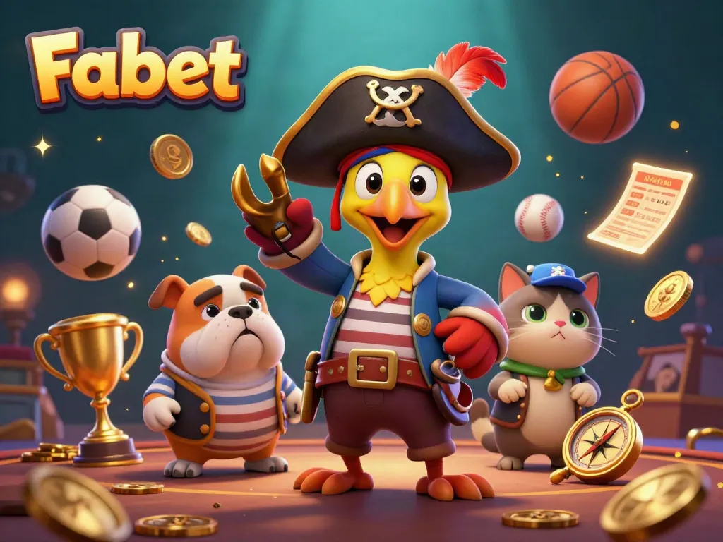 Experience exciting gaming action at Fabet with dynamic sports elements and a pirate-themed illustration.