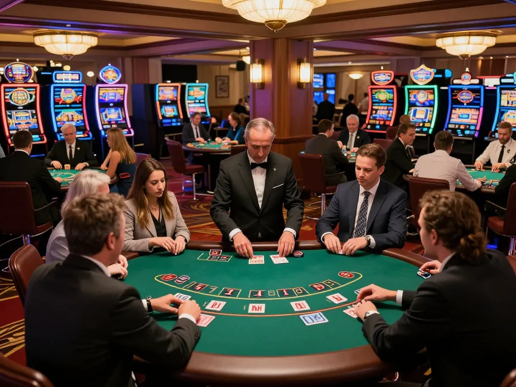 Engage in Go8 blackjack strategies on a lively casino floor with players and dealers in action