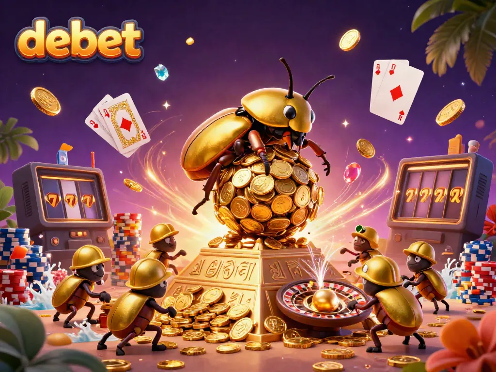 Bet on debet with a vibrant illustration of a golden beetle rolling coins amidst casino symbols.