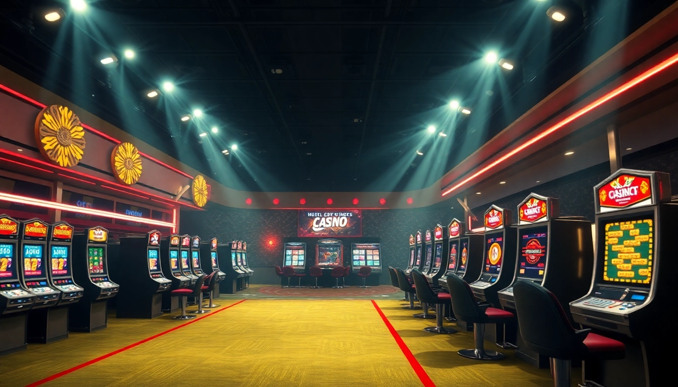 Spiele mit einem Casino Bonus in einem aufregenden Online-Casino-Setting voller bunter Lichter und Spielautomaten.