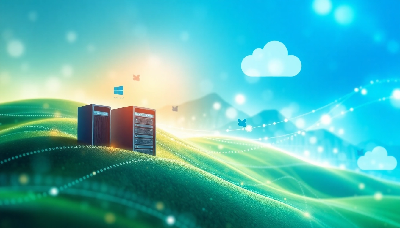 Entdecken Sie Windows Server 2025 Rabatt mit einem digitalen Landschaftsbild, das Technologie und Innovation symbolisiert.