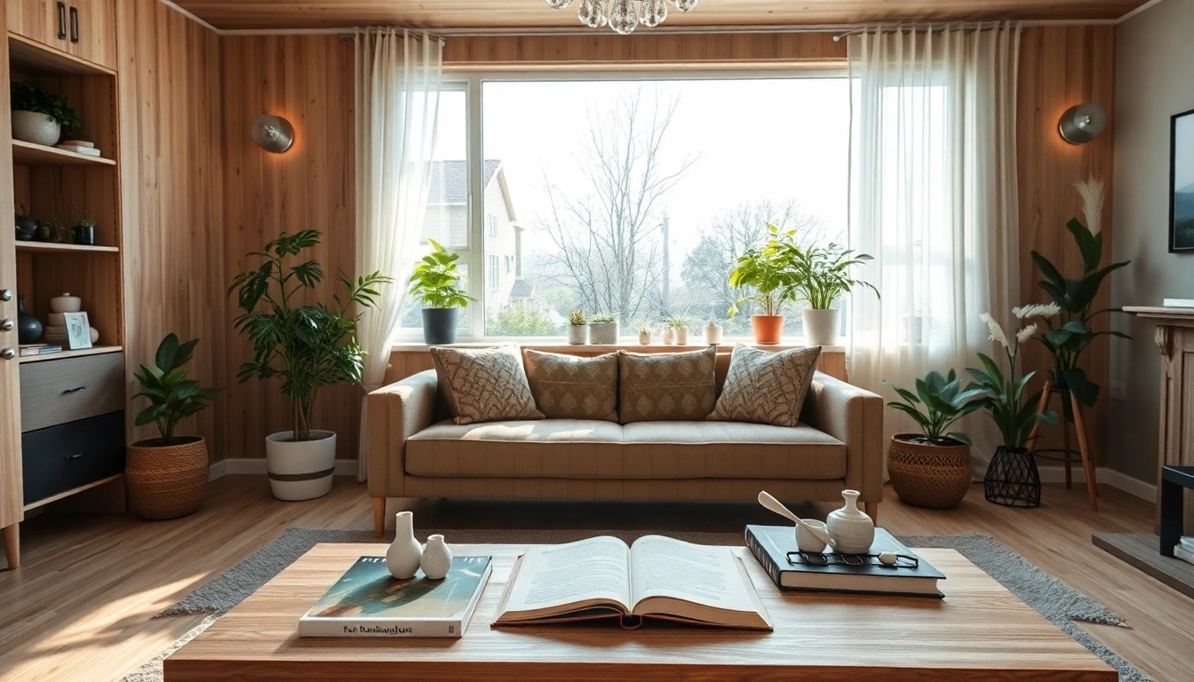 Moderne Raumgestaltung mit einer eleganten Couch, Pflanzen und warmem Licht.