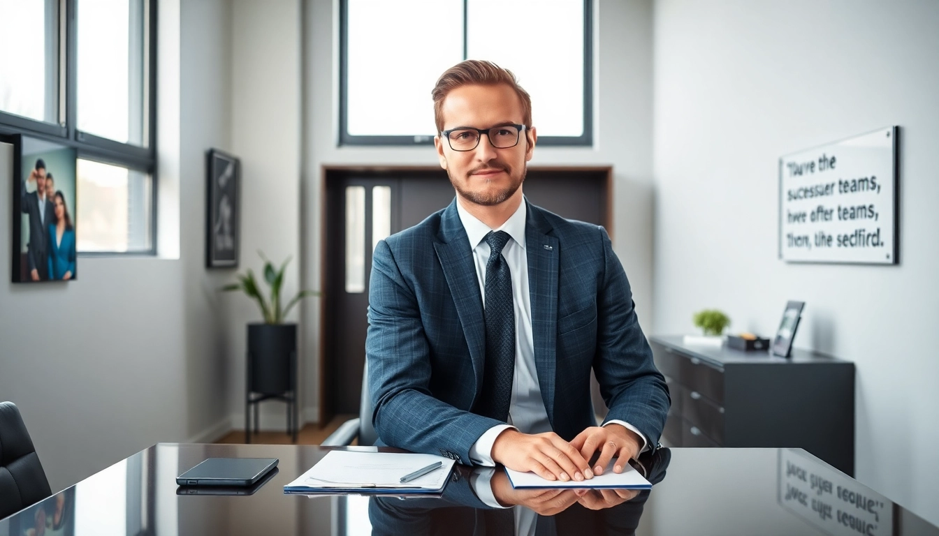 Headhunter Geschäftsführer arbeitet konzentriert an einem eleganten Schreibtisch in einem modernen Büro.