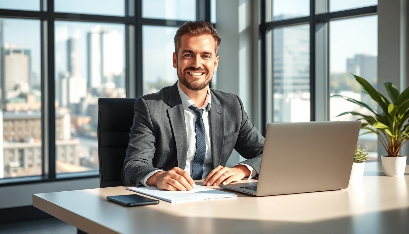 Headhunter Chemnitz am Schreibtisch in einem modernen Büro, freundlich und professionell.