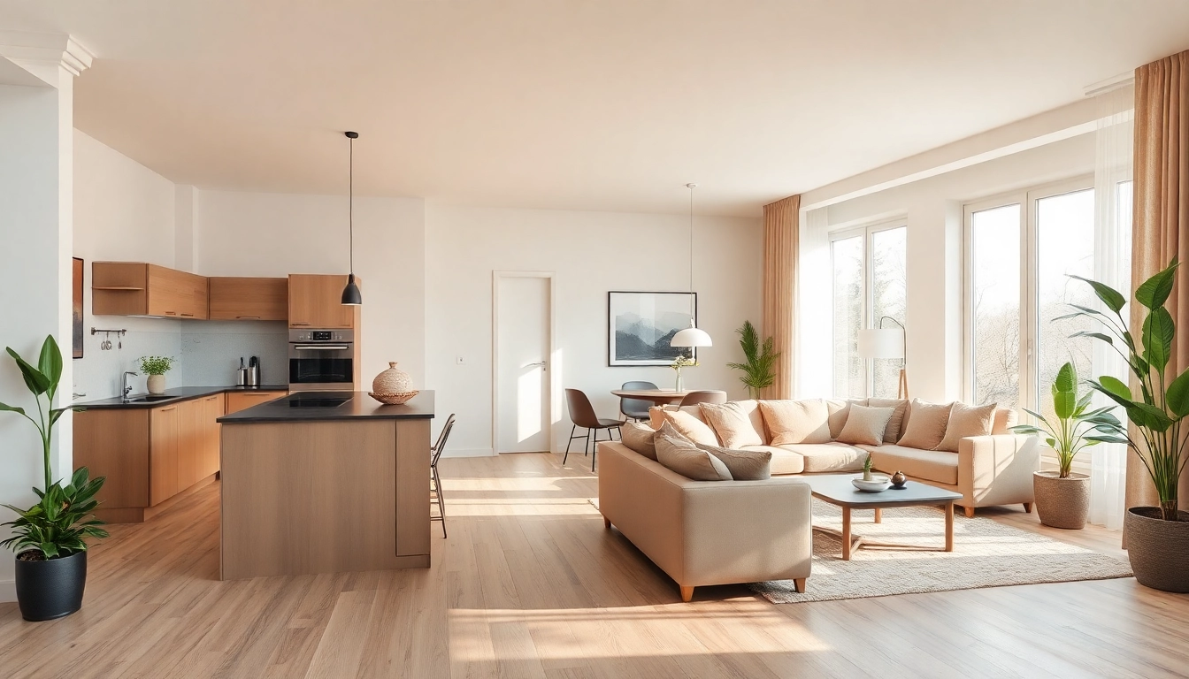 Moderne Raumgestaltung mit warmen Erdtönen, natürlichem Licht und lebendigen Pflanzen.