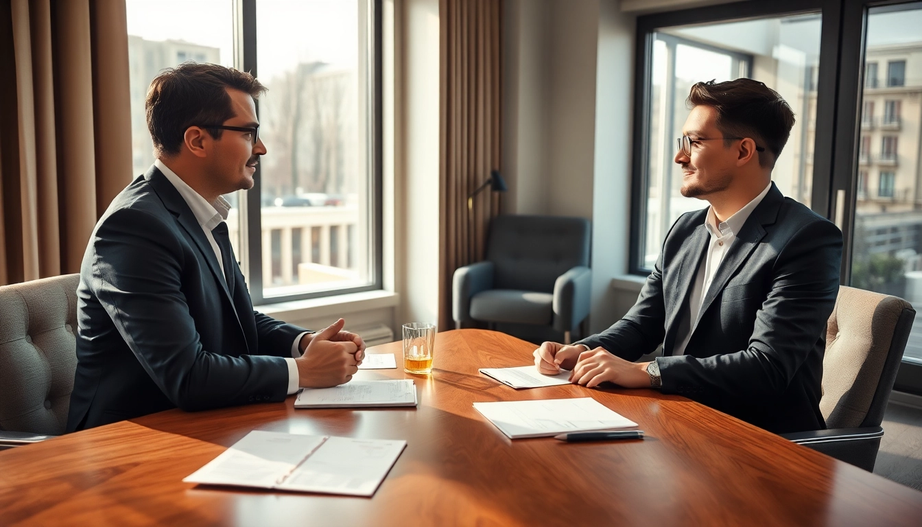 Aktives Gespräch zwischen einem Headhunter Berlin und einem Kandidaten in einem modernen Büro.