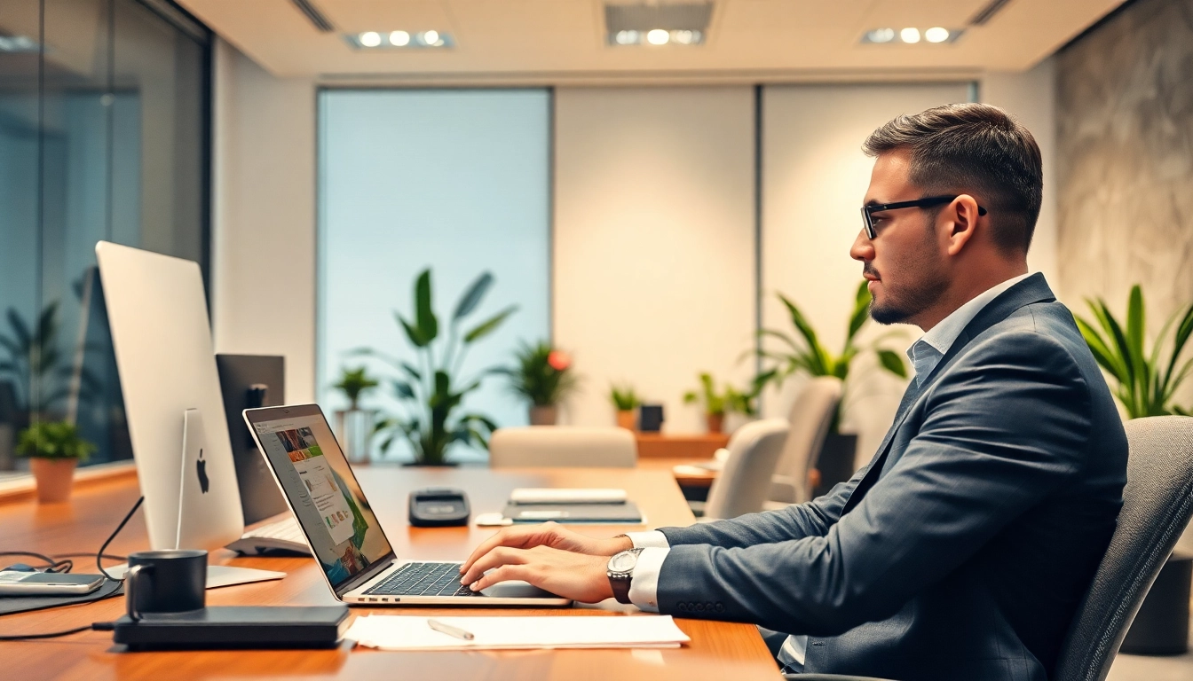 Headhunter, der konzentriert in einem eleganten Büro arbeitet und Kandidaten anruft.