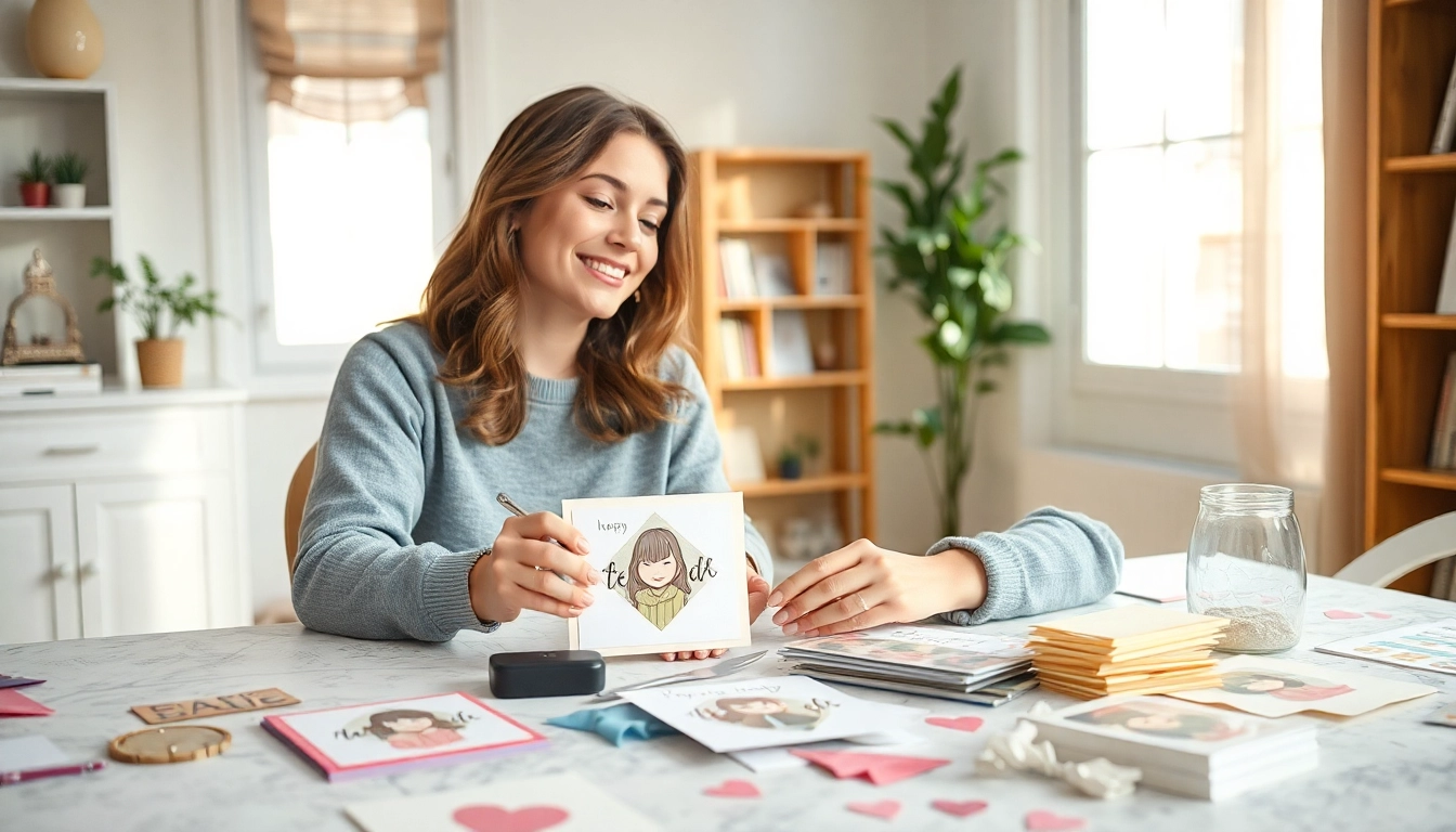 Karten selber gestalten: Kreative Person am Tisch, die individuelle Grußkarten erstellt.