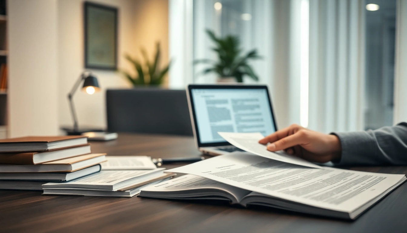 Vereidigter Übersetzer arbeitet fleißig an einem modernen Bürotisch, umgeben von Übersetzungsressourcen.