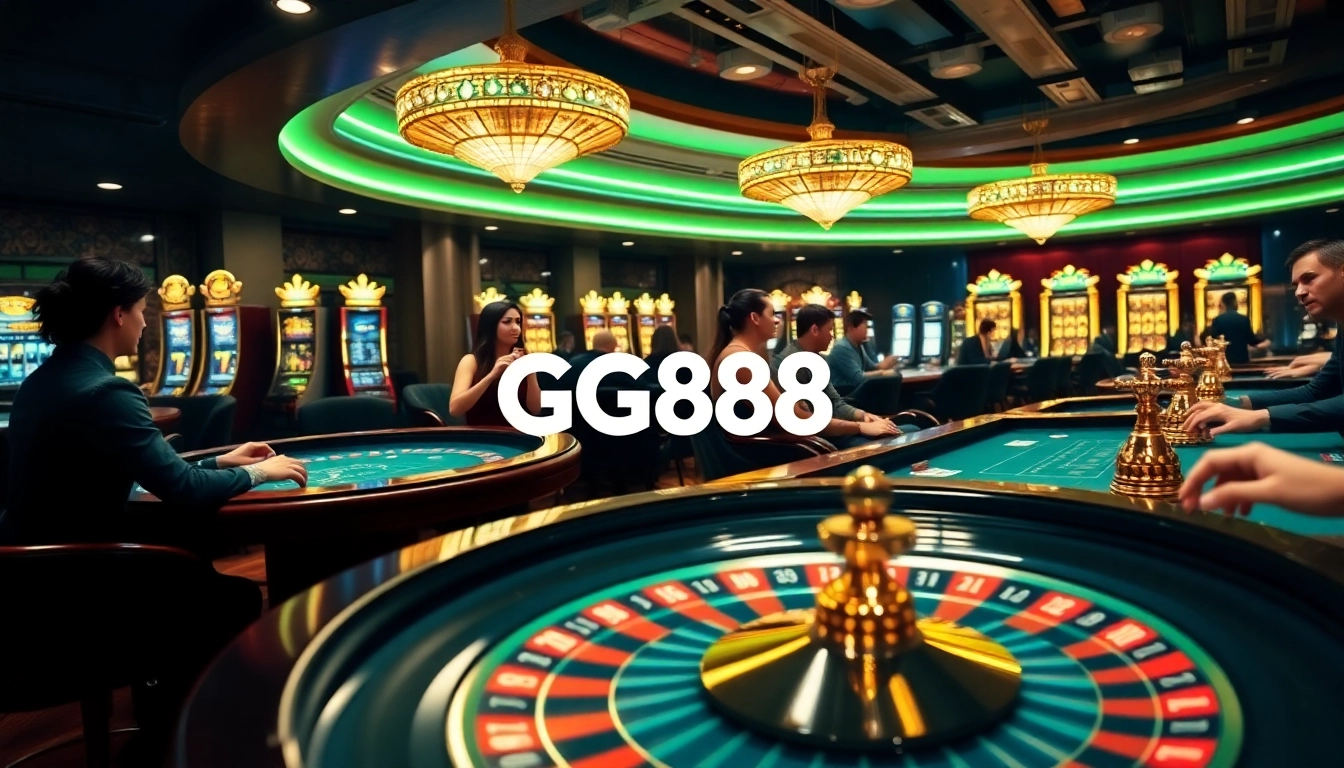 Play at GG88's exciting casino tables with poker chips and vibrant lights.