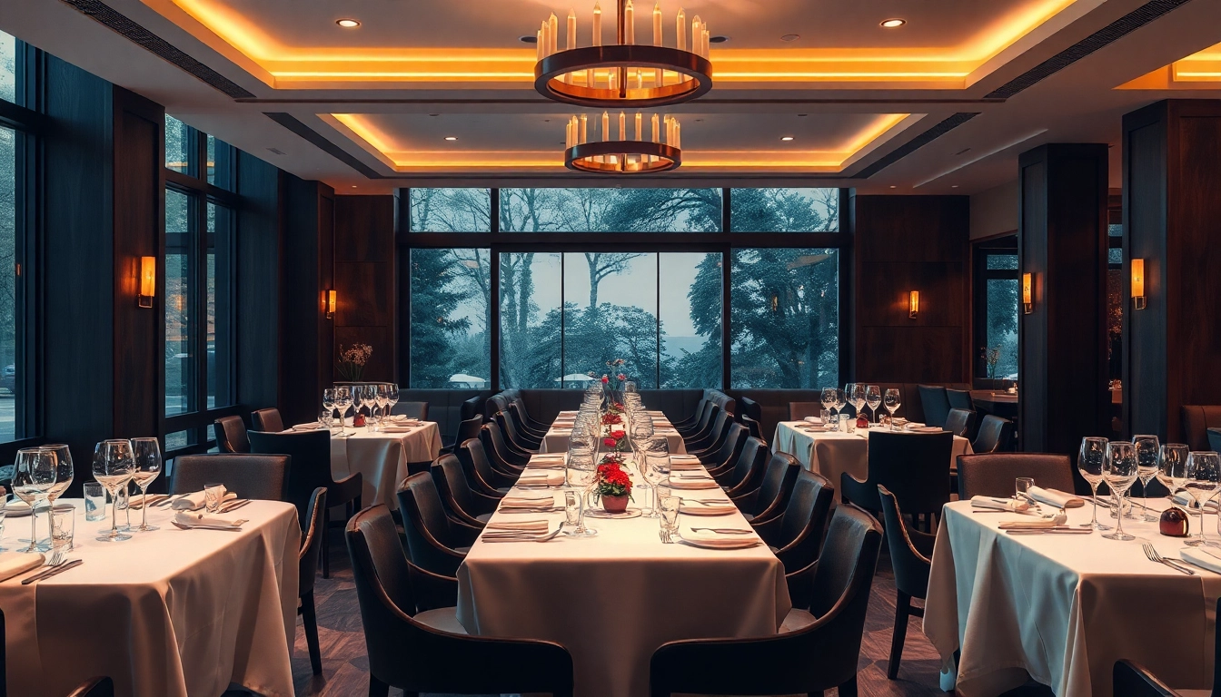 Professionelles Setting eines Restaurants, das Headhunter Gastronomie repräsentiert, mit eleganten Tischarrangements und warmem Licht.
