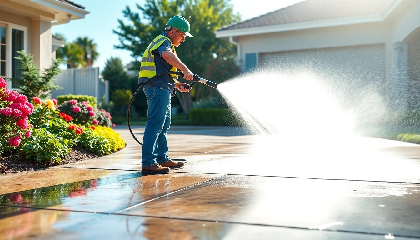 Driveway pressure wash service revitalizes concrete, showcasing a clean and appealing home entrance.