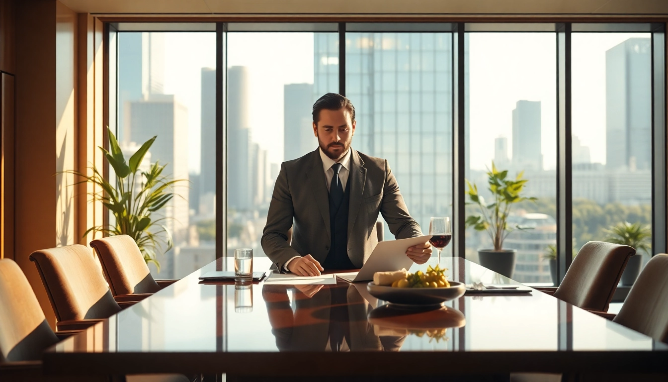 Headhunter Gastronomie analysiert Lebensläufe in einem eleganten Büro mit städtischem Hintergrund.