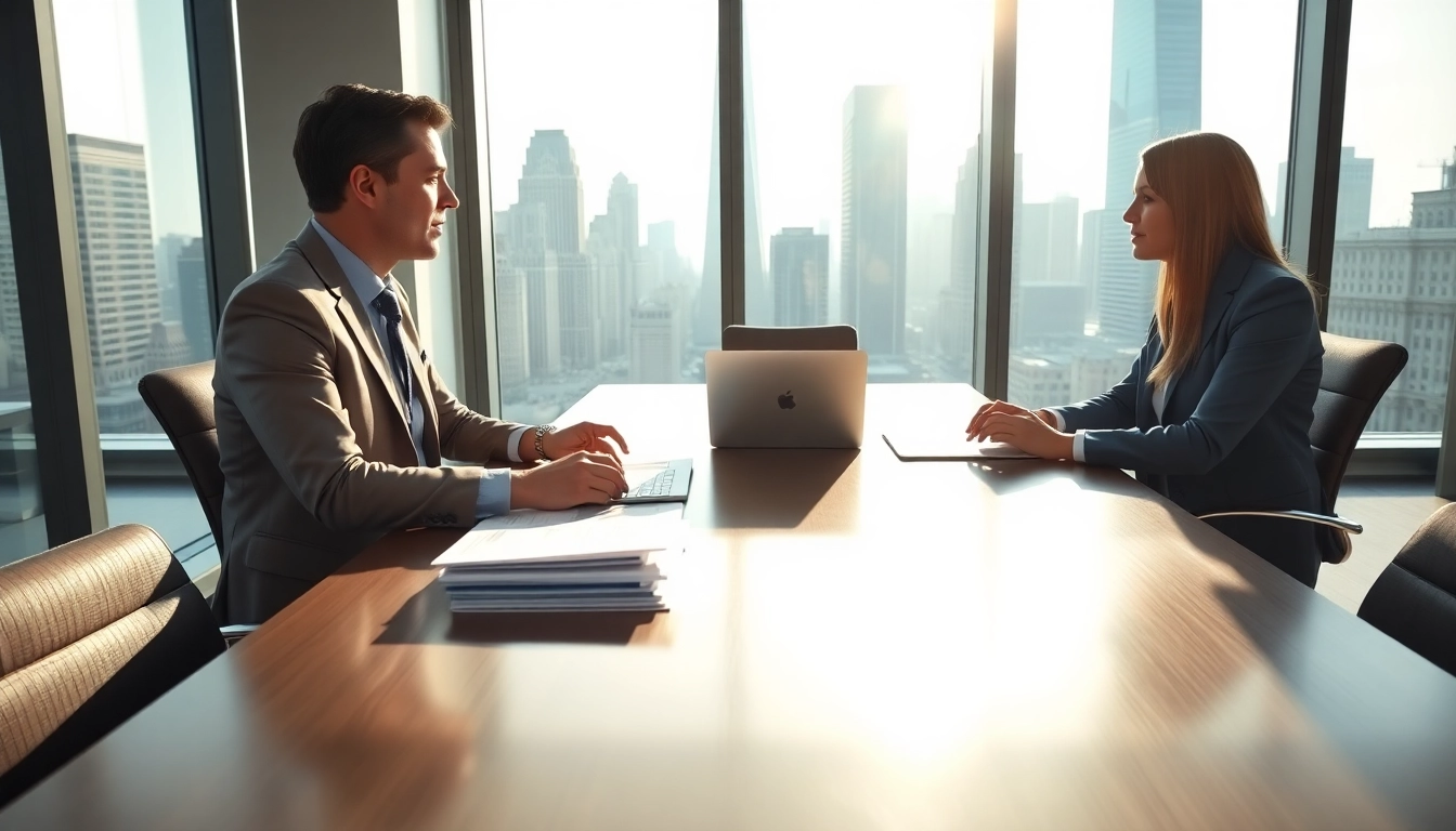 Headhunter Schweiz berät Kandidaten in modernem Büro mit skyline Hintergrund.