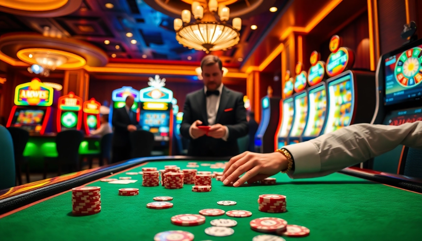 A dynamic GG88 COM casino scene with a sophisticated poker table and vivid slot machines, conveying excitement and luxury.