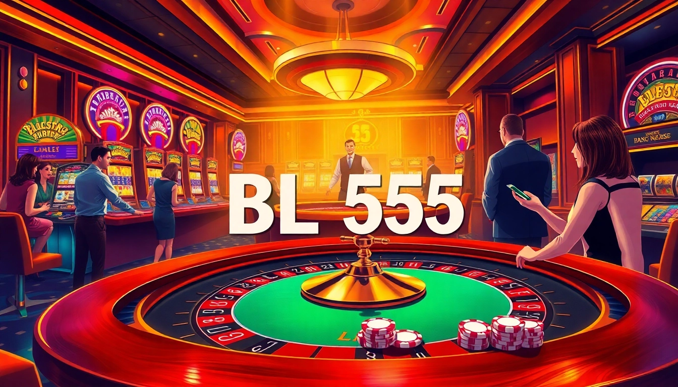 Thrill of gambling at BL555 casino with roulette table, poker chips, and excited players.