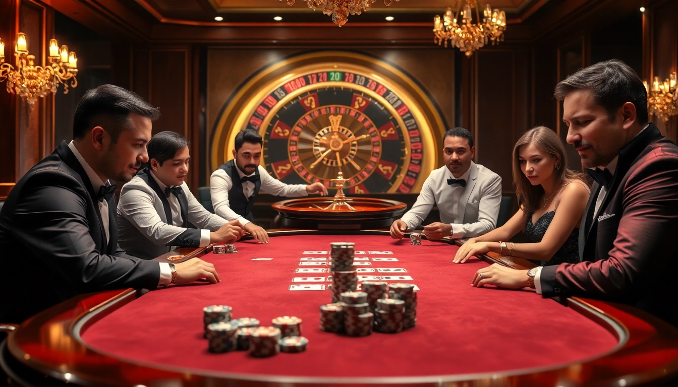 Players strategizing at a glamorous poker table in Nhà cái Luck8 casino setting.