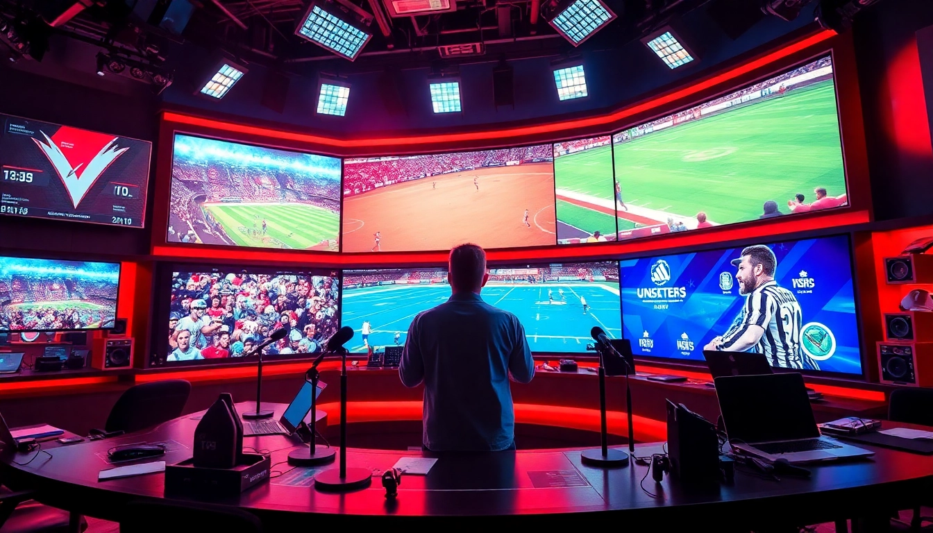 Engaging scene of a host in sports broadcasting highlighting live updates centered around sports events.