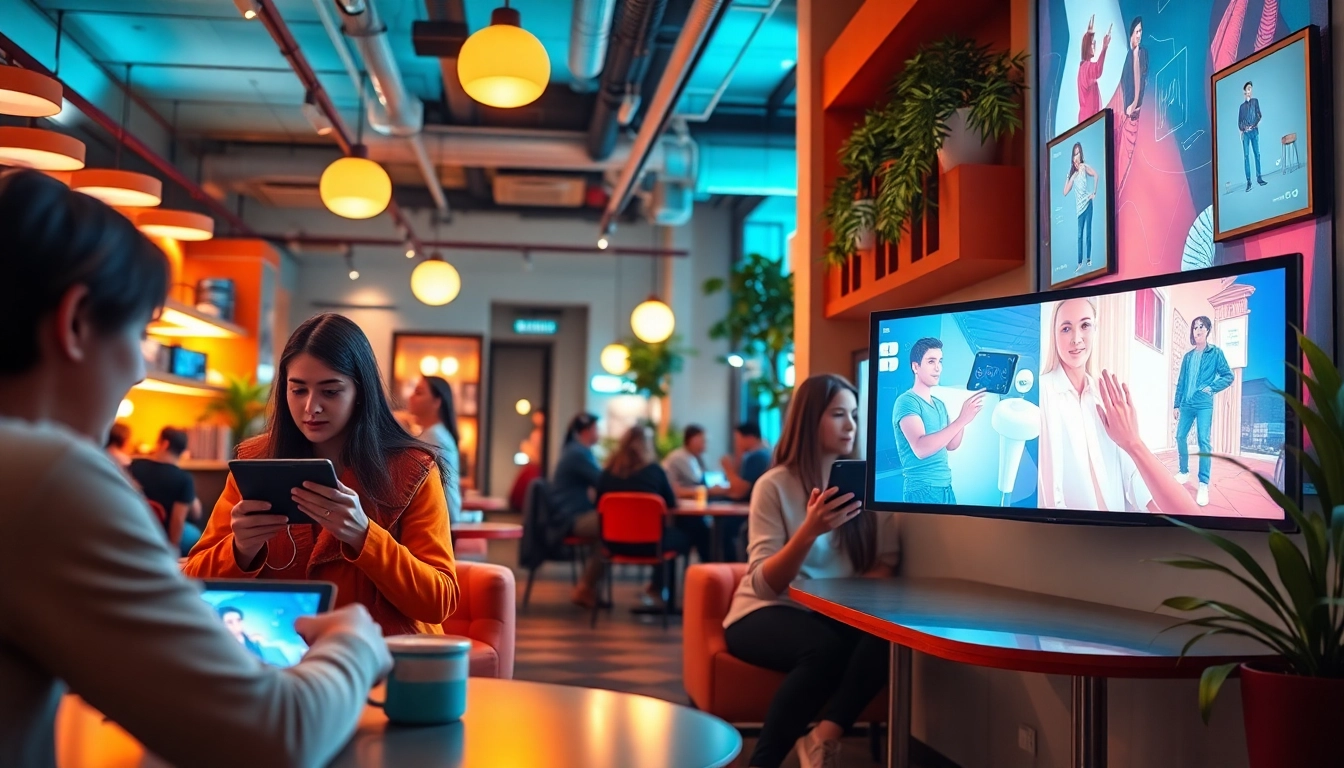 Engaging cafΓ© scene with young adults using 18+ ai technology in a vibrant urban setting.