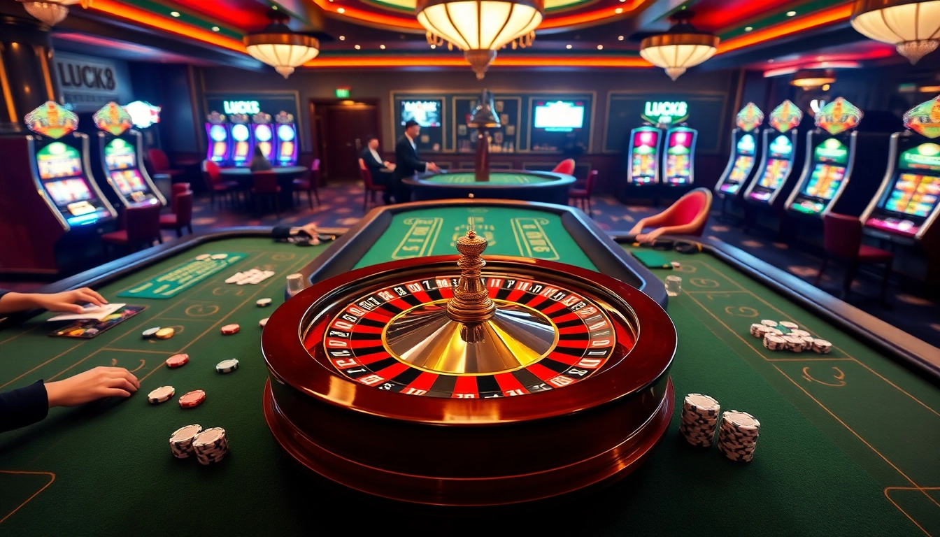 Người chơi hào hứng tham gia các trò chơi tại casino LUCK8, thể hiện các chip và chiến lược.